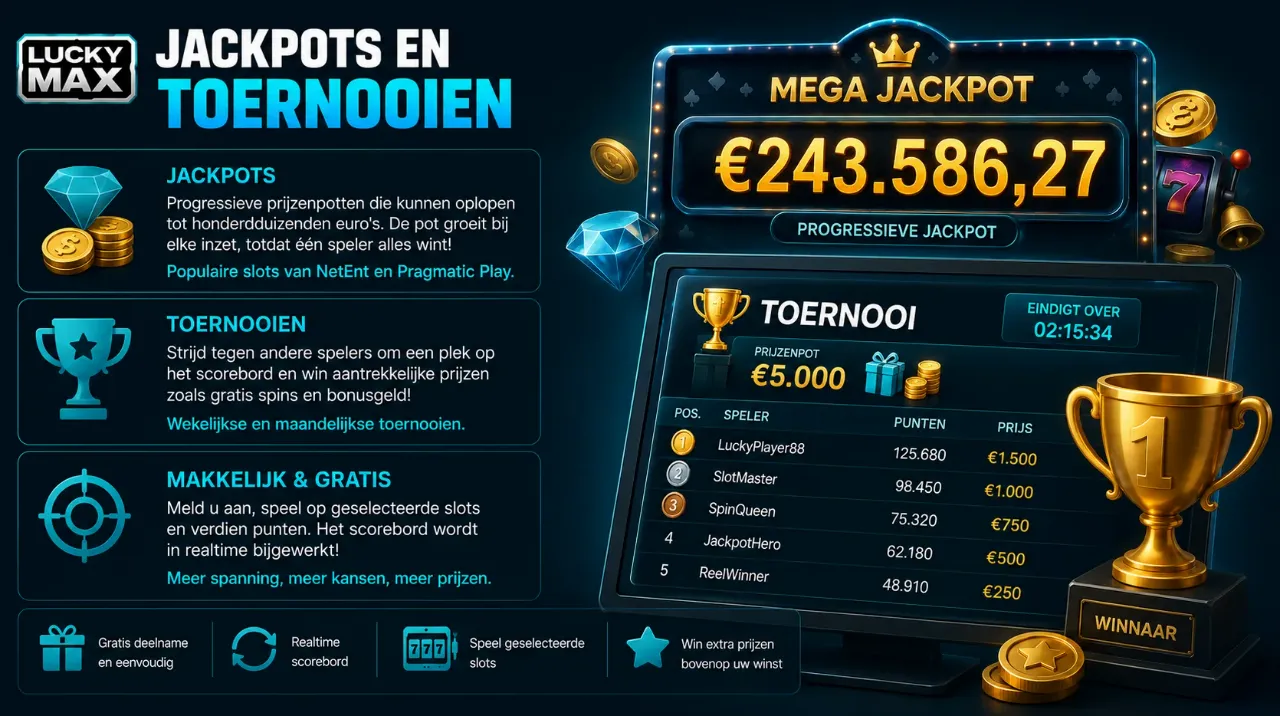 Jackpotmeter en toernooi-leaderboard op scherm