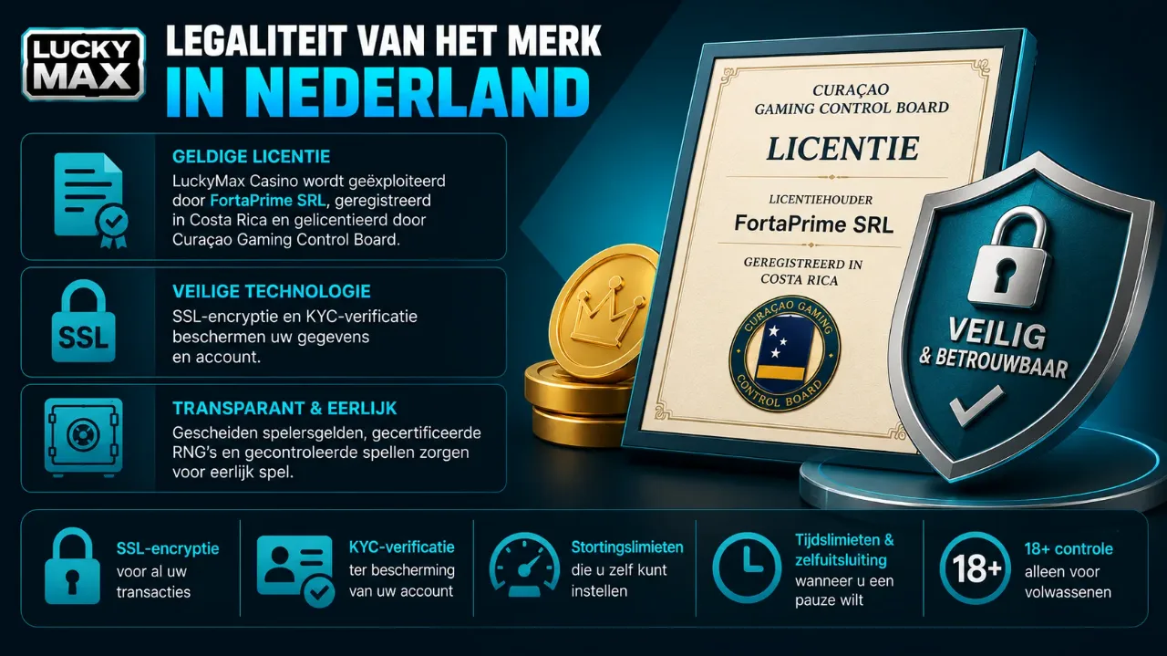 Licentiedocument en beveiligingsschild van LuckyMax